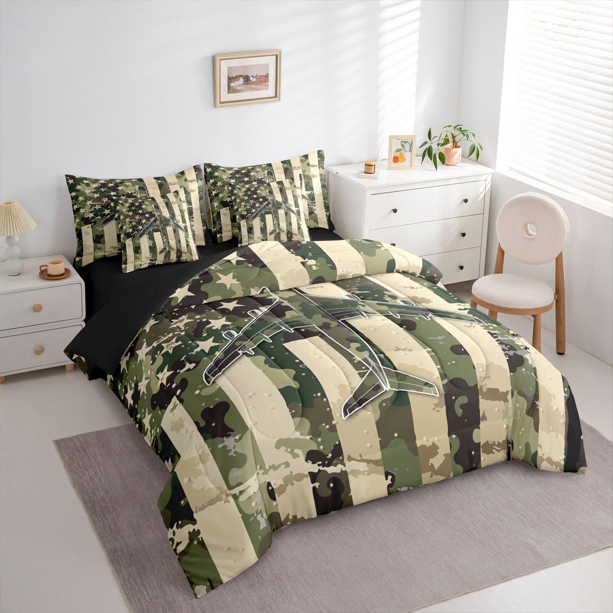 Erosebridal 7 Pcs Camo American Flag Comforter Set Twin Camouflage Military Aircraft Bedding Set for Boys Kids Teens Men Army Green Airplane Bed in A Bag with Sheets Vintage Patriotic Plane Bed Sets