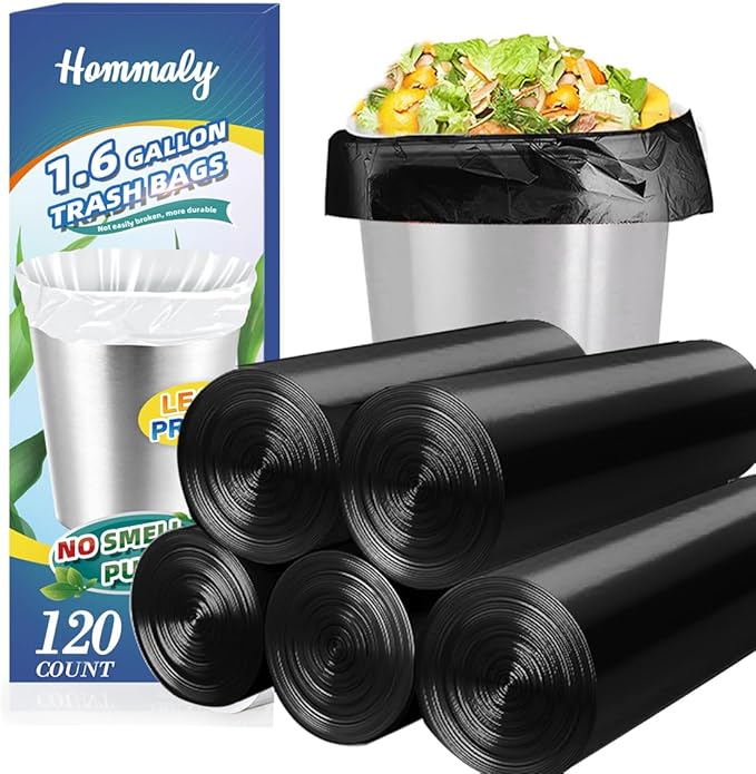 1.6 Gallon 120 pcs Small Black Trash Bags, Strong 1.3 Gallon 1.5 Gallon 1.6