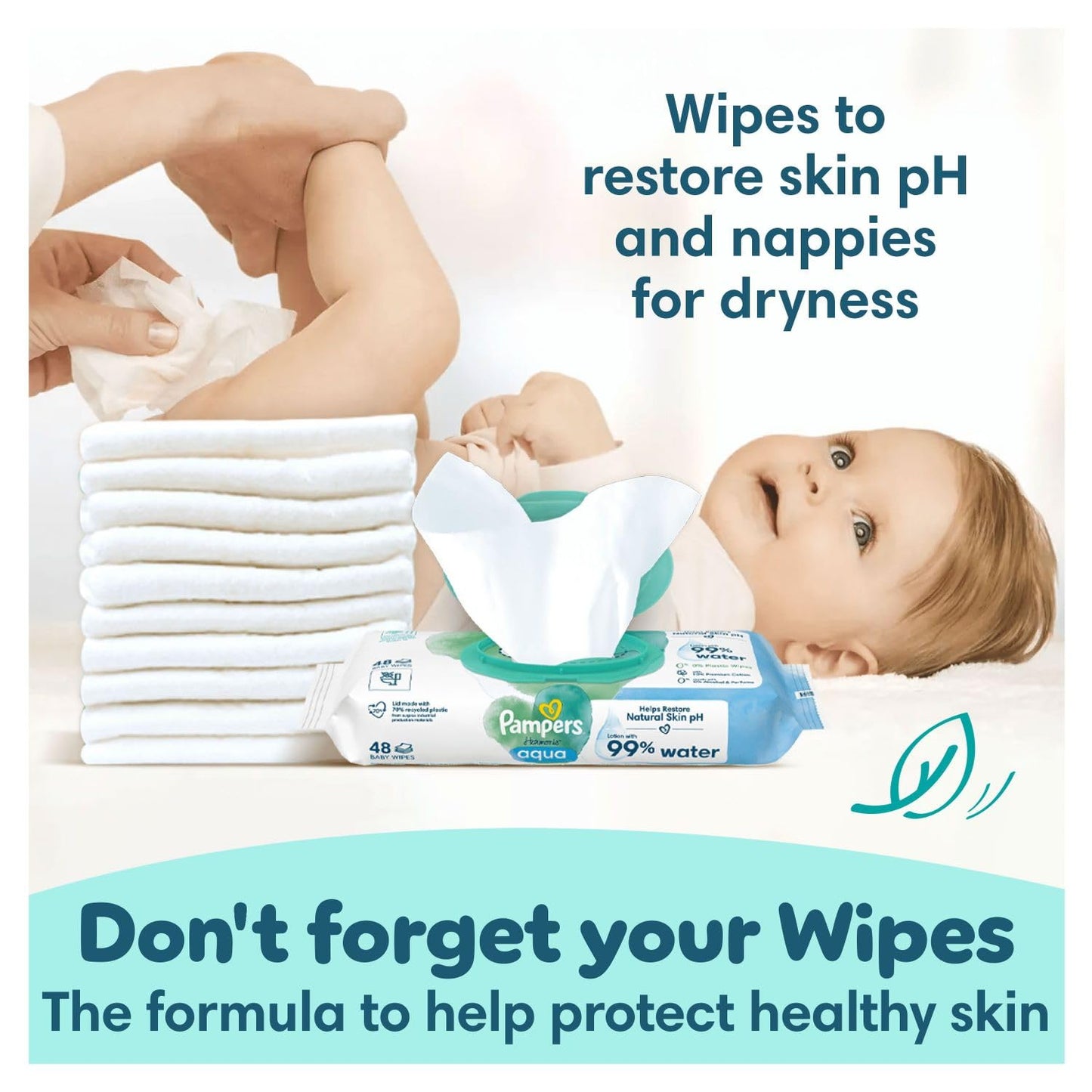 Pampers Premium Protection New Baby Size 1, 180 Nappies, 2kg-5kg, Monthly Pack + Pampers Harmonie Aqua Baby Wipes 1 pack of 10 Wipes