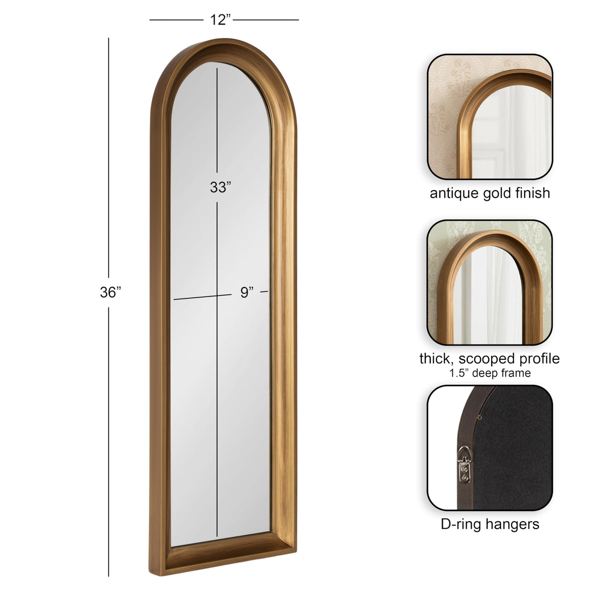 Kate and Laurel Hatherleigh Modern Slim Arched Panel Wall Mirror, 12 x 36, Gold, Transitional Narrow Wooden Arch Mirror for Use as Versatile Bedroom or Entryway Wall Decor