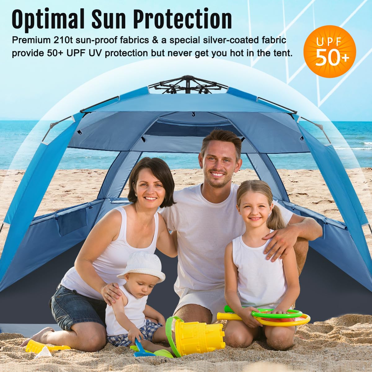 WhiteFang Deluxe XL Pop Up Beach Tent Sun Shade Shelter for 3-4 Person, UV Protection, Extendable Floor with 3 Ventilating Windows Plus Carrying Bag, Stakes, and Guy Lines (Solid Blue)