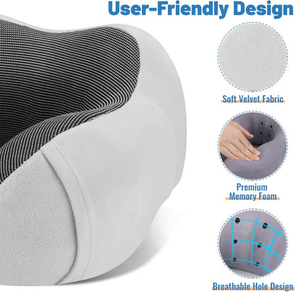 CloudBliss Travel Pillow Premium Memory Foam, Comfortable & Supportive Neck Pillow, Neck Pillows for Sleeping Travel, Airplane Pillow for Sleeping Airplane, Car, Office and Home（Black & Dark Grey）