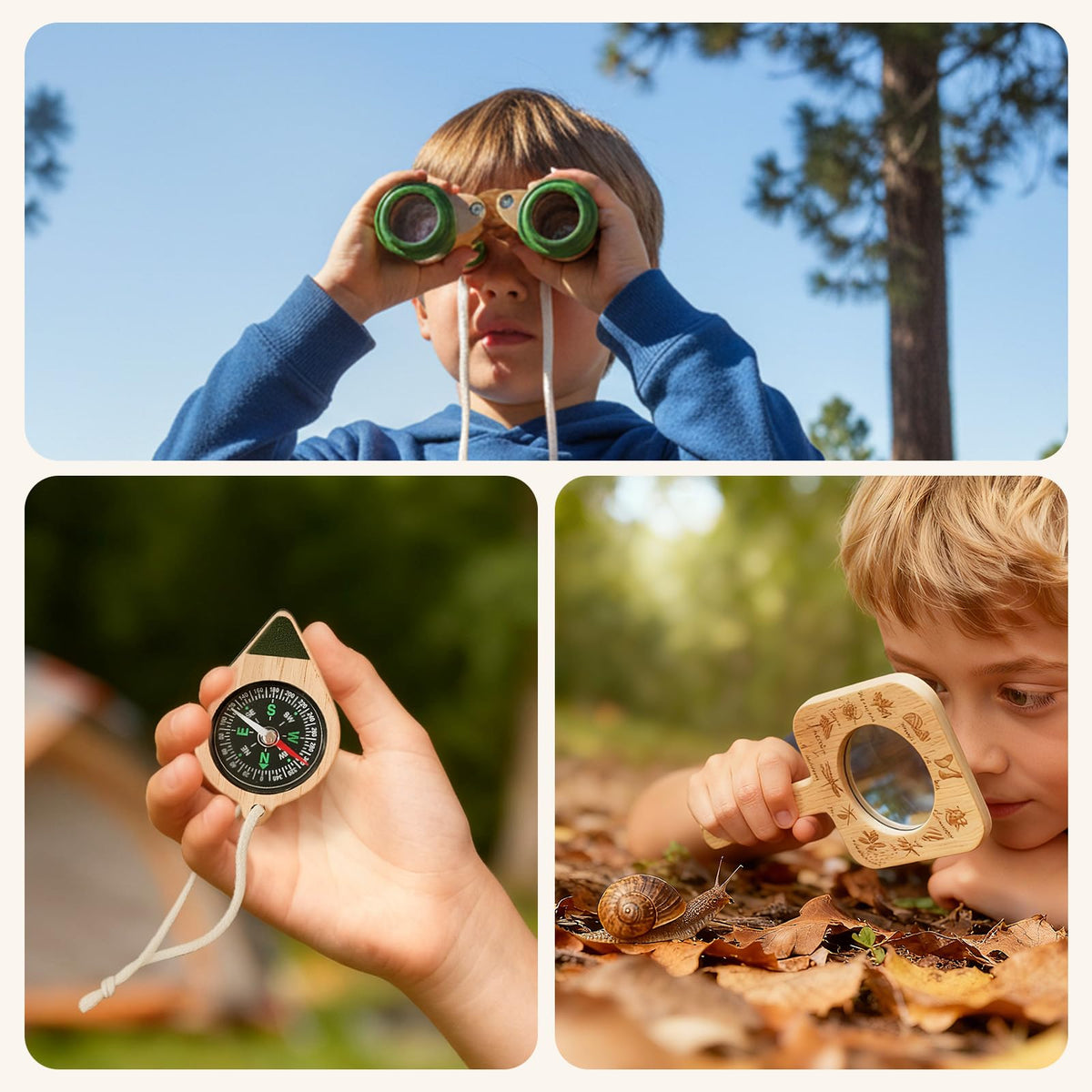 Kids Outdoor Explorer Kit Ages 4–8, Wooden Binoculars, Compass and Knot-Tying Board, Nature STEM Learning & Camping Toy Birthday Gift for Boys and Girls