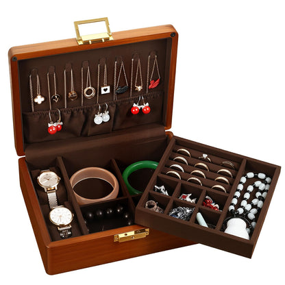 LIBOLXSP Solid Walnut Wood Jewelry Box with Lock,2 Layer Velvet Lined for Earrings Rings Necklaces Bracelets Watches,Both Style and Security, for Men Women,Vintage Brown