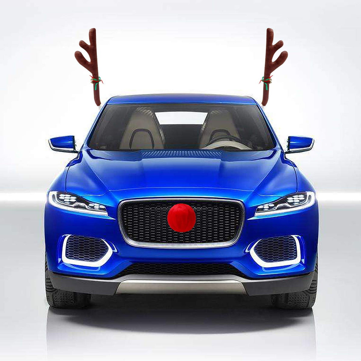 Christmas Car Decorations - Reindeer Antler Kit with Jingle Bells and Red Nose - Vehicle Accessories for Xmas