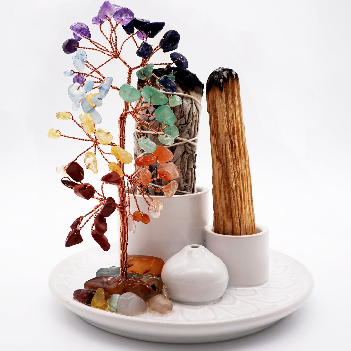 5 in 1 Incense Burner Holder with Crystal Healing Tree, Palo Santo Holder, Sage Holder, Incense Holder for Sticks/Cones/Candles, Ceramic Tray Ash Catcher for Burning Incense, Meditation Gift (White)