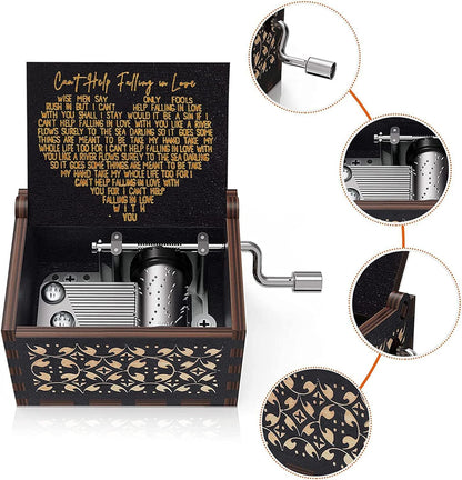 CAMKONG Can't Help Falling in Love Music Box, for Women, Men,Vintage Wooden Hand Crank Music Box,Gifts for Lover, Boyfriend,Girlfriend (Black)