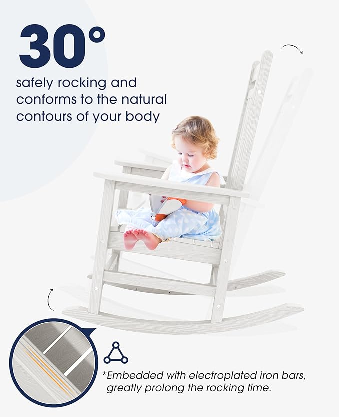 KINGYES Oversized Outdoor Rocking Chair Set of 2, All-Weather Patio Rocking Chairs for Porch, HDPE Outdoor Patio Rockers with High Back & Wide Seat for Garden, Lawn, White
