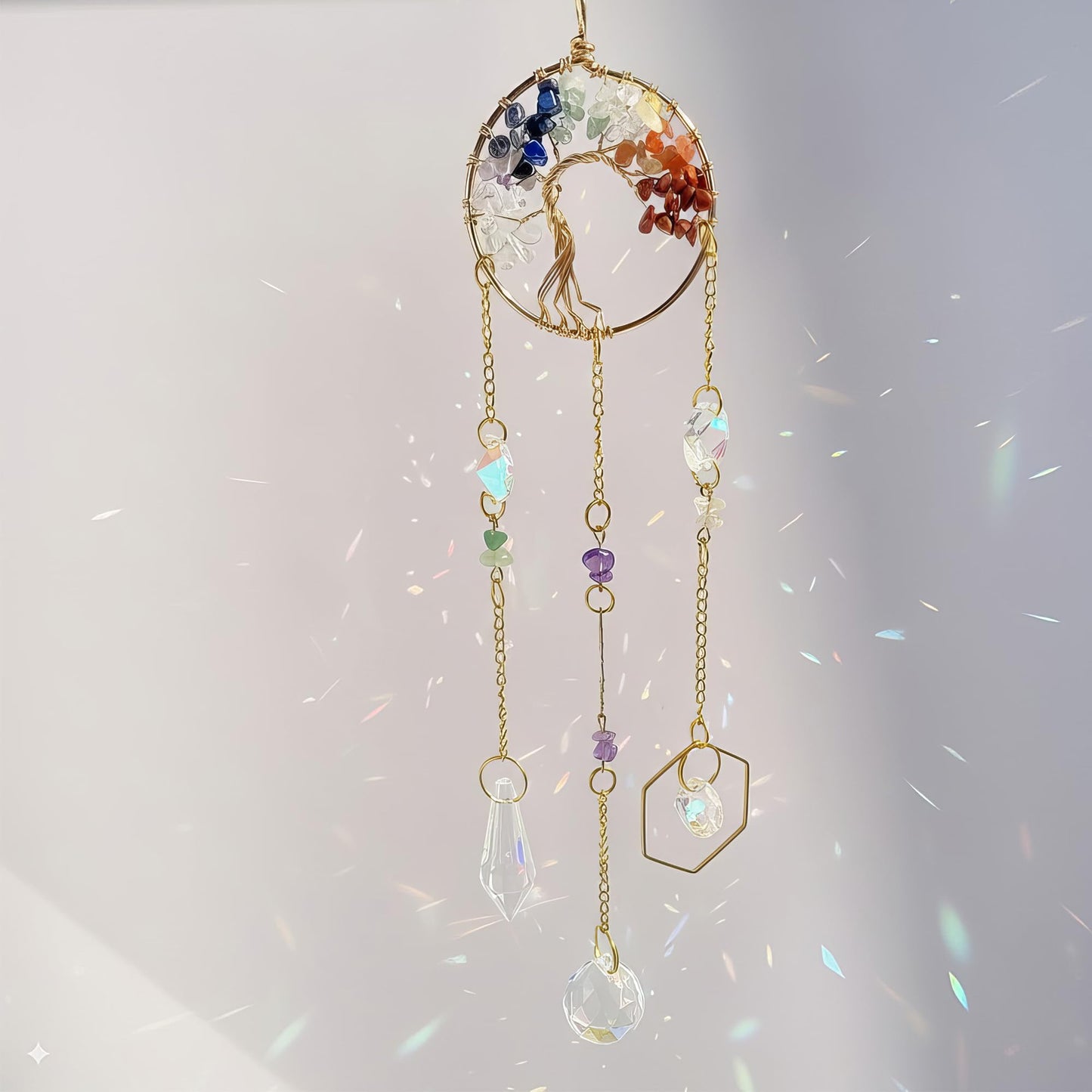 7 Chakra Tree of Life Crystal Suncatcher - Healing Rainbow Maker Hanging Ornament for Home Window Car Decor & Spiritual Gift
