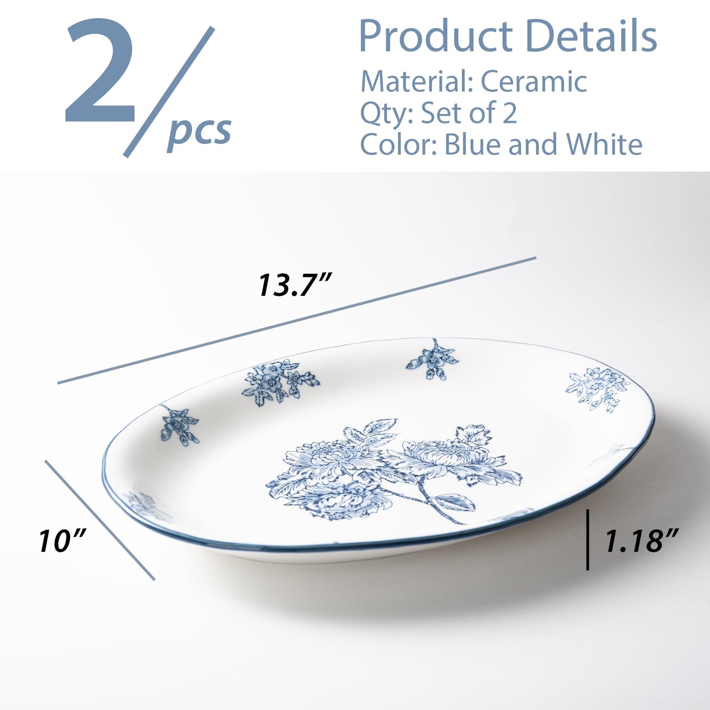 Magclay Ceramic Serving Platter, 13.7 Inch Large Oval Serving Trays, Dinner Plates, Dish Set for Dessert Appetizers Meat/Entertaining/Party, Blue and White, Set of 2