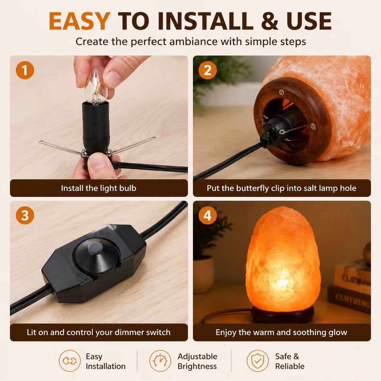 SZKEYISN Himalayan Salt Lamp Cord Replacement with Dimmer Switch, 2 Pack 5FT Salt Lamp Cord with 6 Pack 25W E12 Bulbs, Butterfly Clip for Himalayan & Crystal Salt Lamps