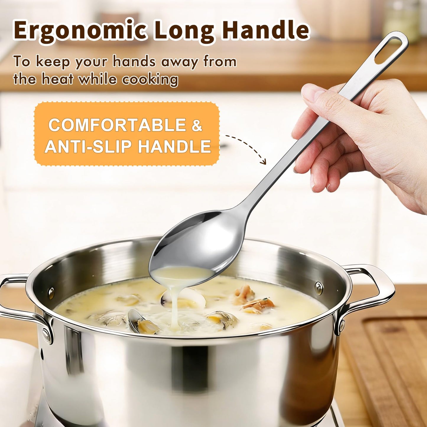 2 Pcs Stainless Steel Cooking Spoons Set, Solid & Slotted Metal Serving Spoons, Heavy Duty Sturdy Large Soup Ladle, High Heat Resistant Kitchen Cooking Utensils for Mixing, Stirring, Easy to Clean
