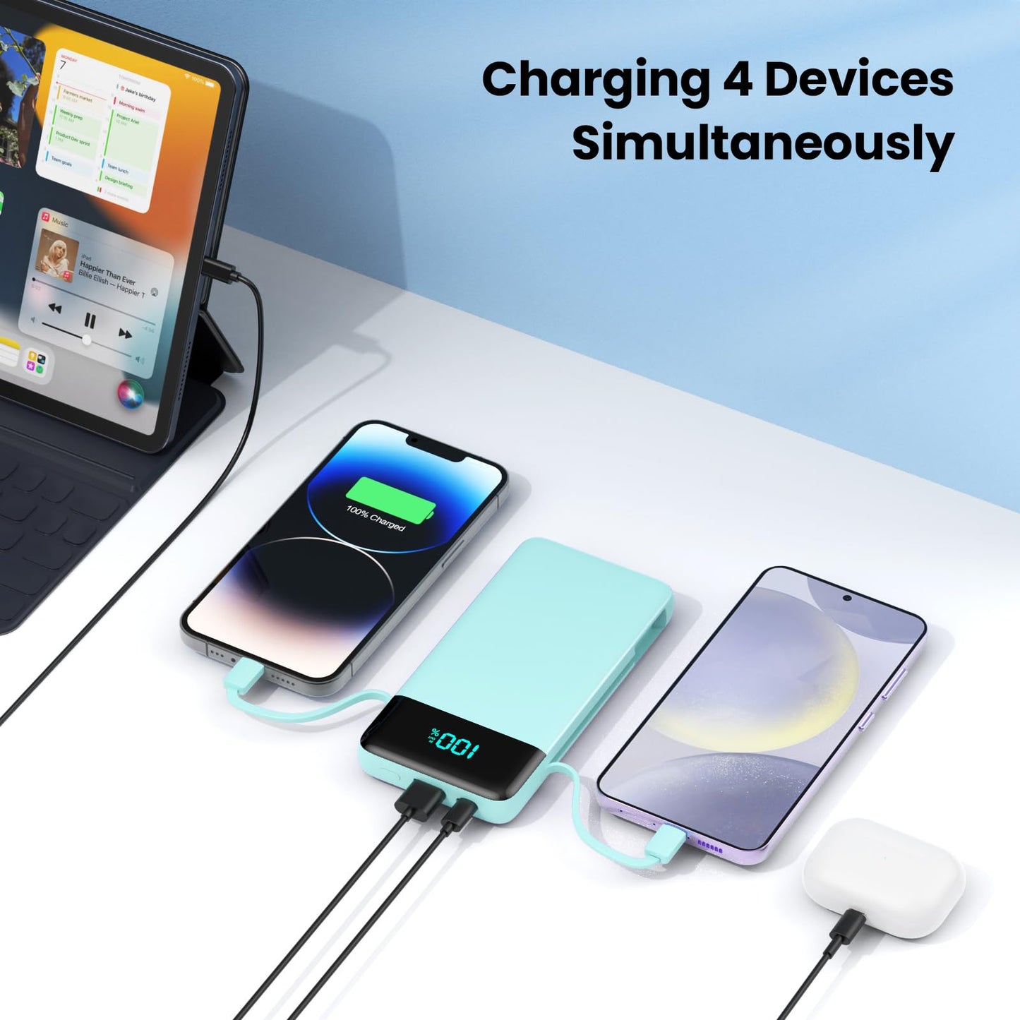 Portable Charger for iPhone with Built in Cables and Wall Plug,Upgraded 13800mAh Fast Charging USB C Power Bank,4 Outputs Travel Essential Battery Pack Compatible with iPhone 15/14/13,Samsung-Purple