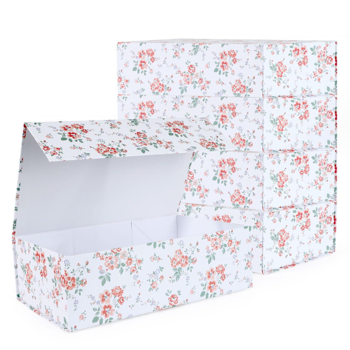 LFBOX Rose Floral Gift Box with Magnetic Lids 13.8x8.3x4.4 in, Large Bridesmaid Proposal Boxes, Rectangle Wedding Decorative Storage Box 5 Pack