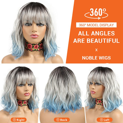 NOBLE Blue Short Bob Curly Wig With Bangs for White Women - Colorful Wavy Heat Resistant Synthetic Silver Blue Wig for Daily Party Cosplay Costume