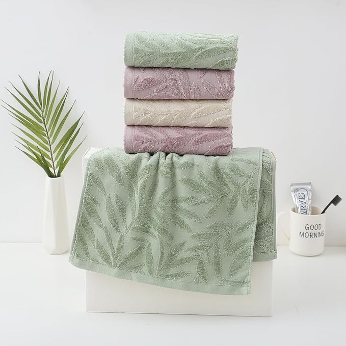 Pidada Hand Towels Set of 4 Leaf Pattern 100% Cotton Absorbent Soft Decorative