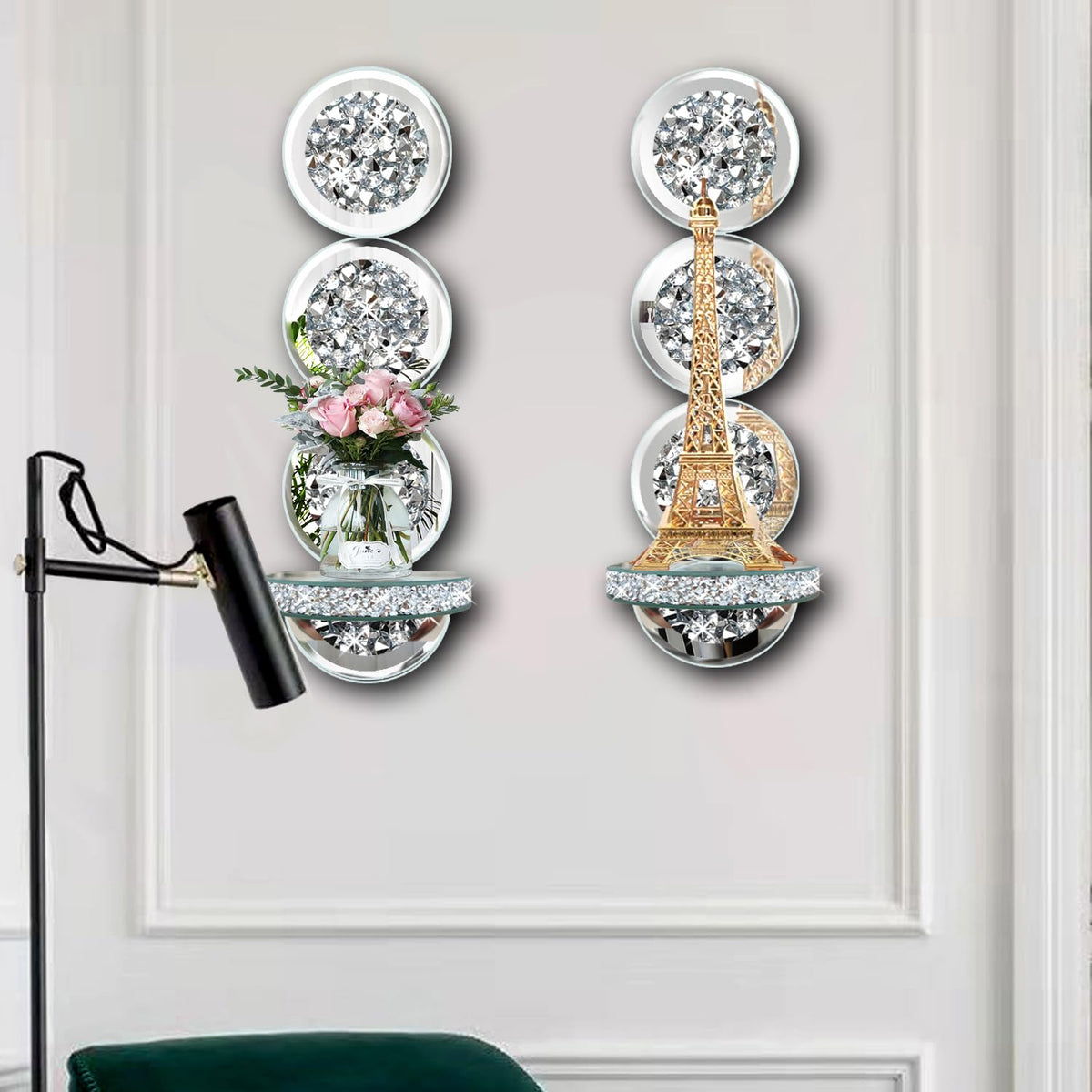 ZOLAPI Set of 2 Crystal Crush Diamond Candle Sconces, Gorgeous Silver Mirrored Wall Sconce, Round Candle Holder Glass Wall Decorations for Home Décor, Living Room, Dining Room.