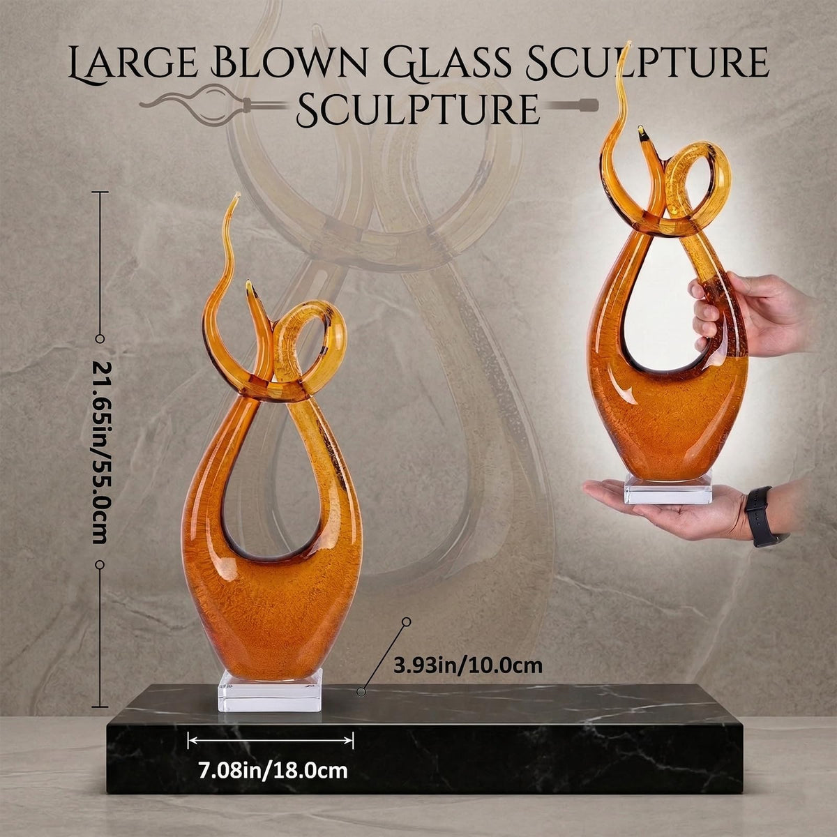 LCCCK 21.7in Tall Abstract Glass Sculpture Knot Spiral Statue, Amber Hand Blown Glass Art Decor for Home Living Room Bedroom Shelf Mantel Tabletop Display Decorative Figurine