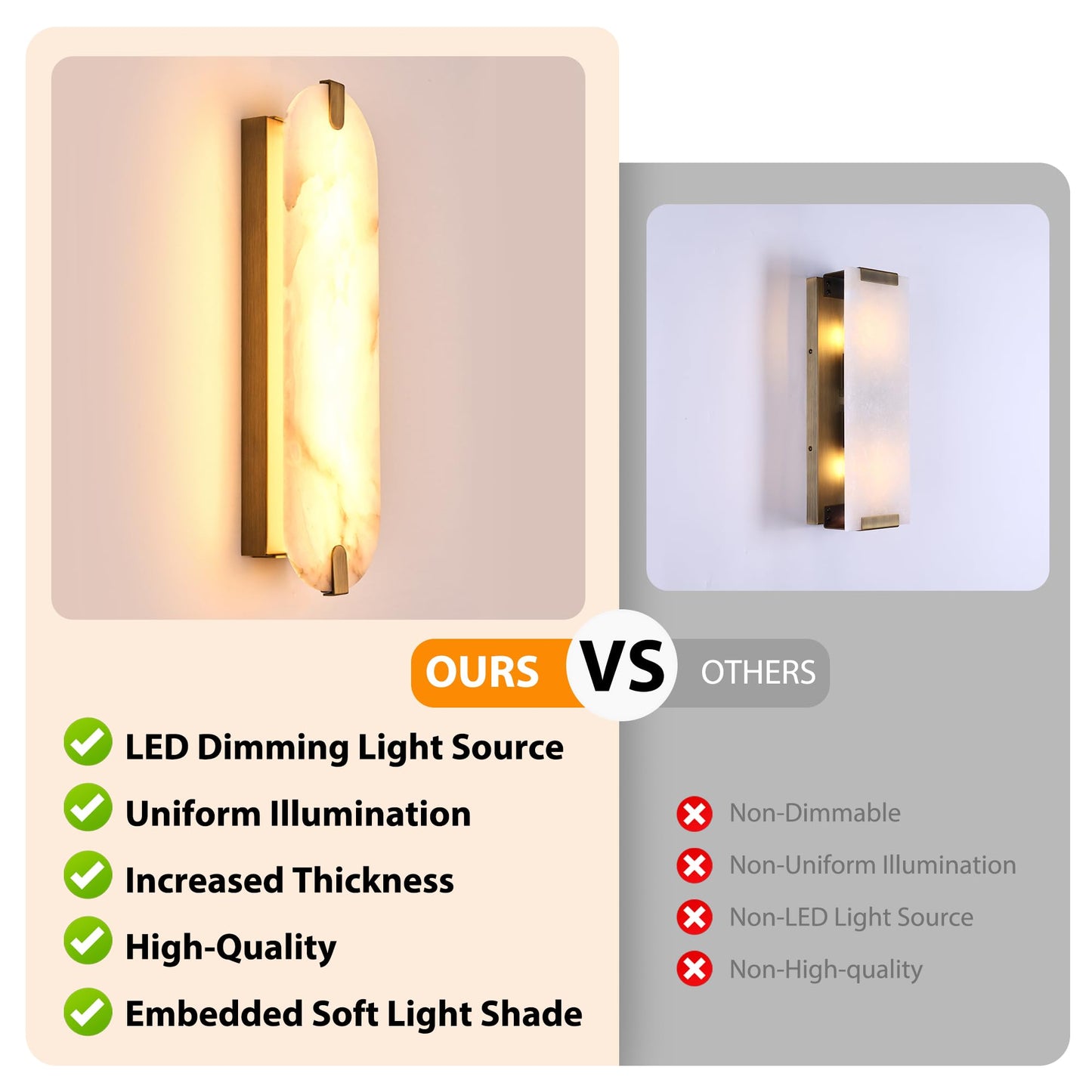 ZEROUNO Alabaster Wall Sconces Set of Two, 22.8 Natural Marble Wall Sconces Wall Lighting, Dimmable Wall Light Fixtures for Bedroom Living Room Stairs Vanity Hallway Bedside,Brushed Gold