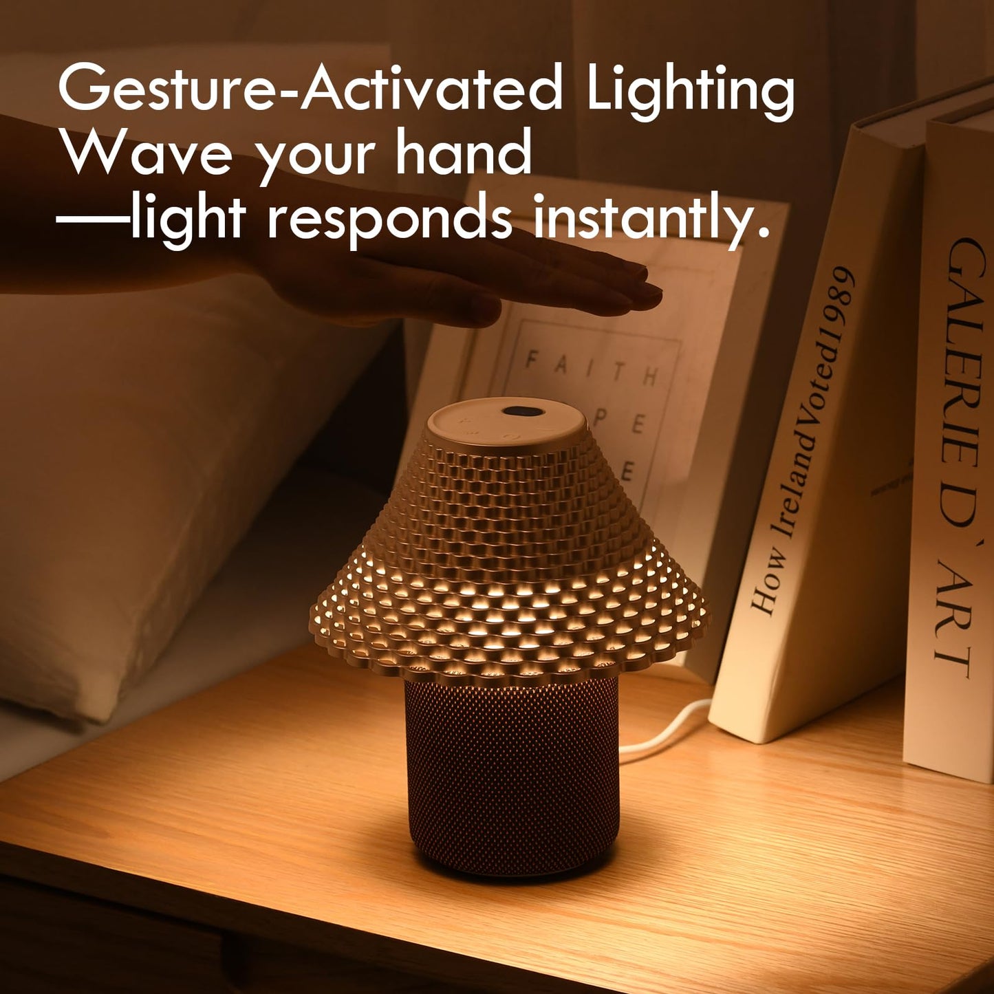 SMARTERIOR Bedside Table Lamp with White Noise Machine - 10 Soothing Sounds, Gesture Control Sensor & Dimmable Night Light - 30/60/90 Min Auto-Off Timer for Sleep, Nursery, Office & Home Decor- Gold