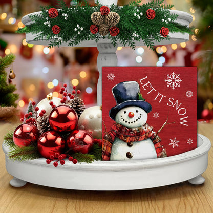 Rustic Christmas Decorations, Let It Snow Wooden Sign Decor, Snowman Wooden Block Sign, Christmas Decor for Table Shelf 5 x 5 Inch