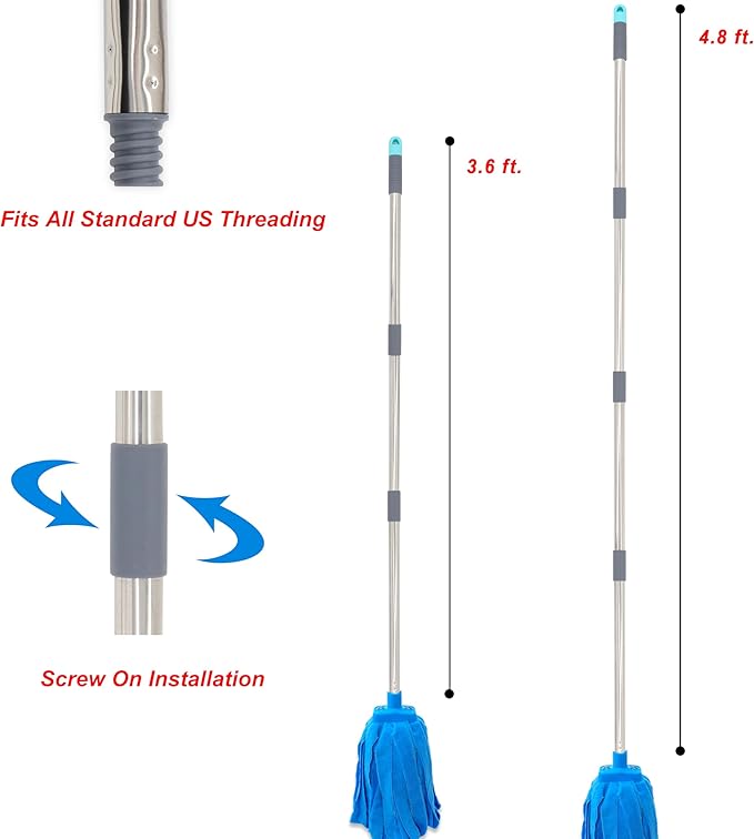 Screw On Microfiber String Mop, One Stainless Steel Pole + Two Blue Microfiber
