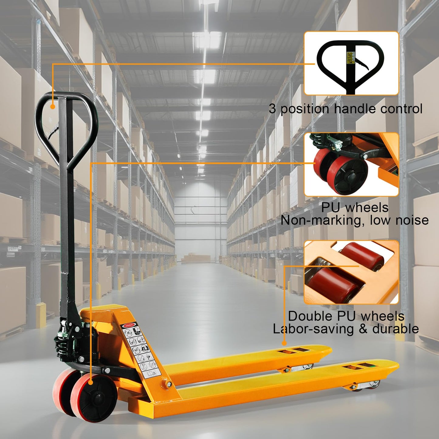UNISOAR Industrial Duty Pallet Jack Truck with 27" W x 48" L Forks, 5500Lbs. Capacity, Dual PU Wheels, General Purpose Manual Pallet Truck for Warehouse, Manufacturing and Retail