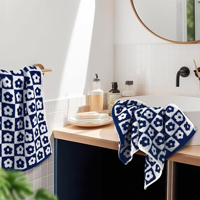 Jacquotha Cotton Hand Towels Navy Checkered Floral