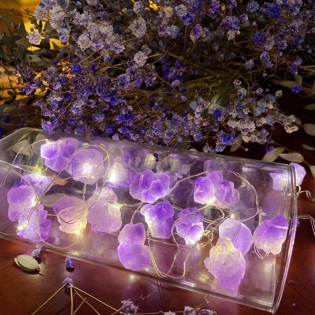 Genuine Amethyst Crystal Decorative Lights Cute Fairy String Lights 10ft 30 Natural Stones with Remote for Bedroom Hanging Ornaments Reiki Party Night Light Wedding Room Décor Mother's Day Gift