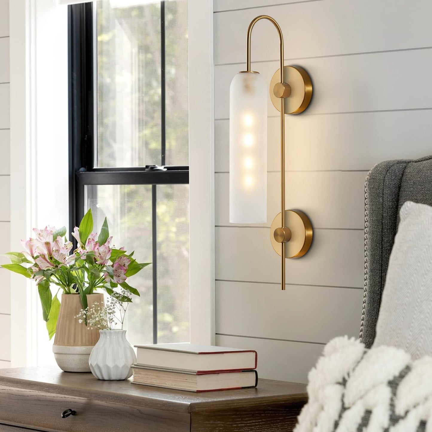 BOKT Mid Century Modern 1-Light Wall Mounted Light Brushed Gold Metal Wall Sconce Lighting Minimalist Anti Brass Wall Sconce Lamp White Glass Bathroom Vanity Light Fixture (White)