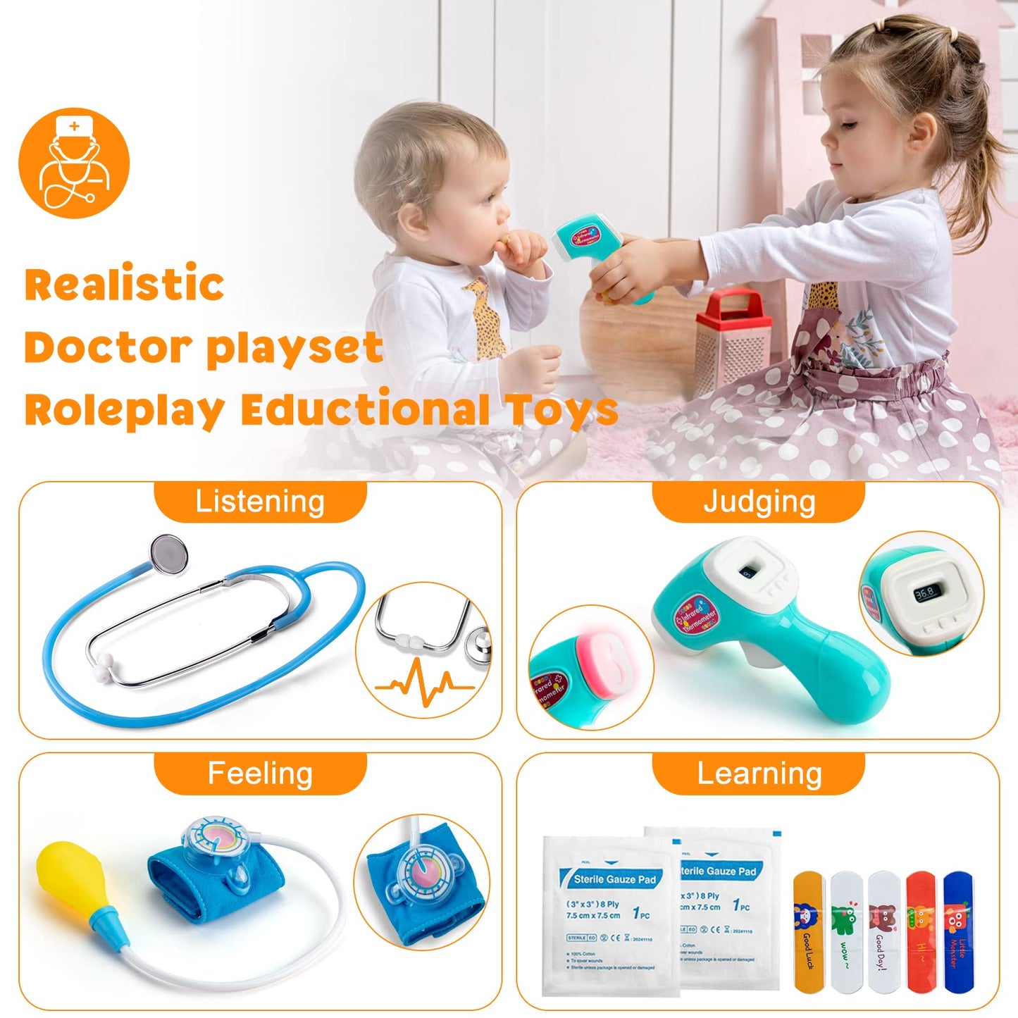 Sundaymot Kids Doctor Kit Toy with Real Wooden Stethoscope, Thermometer, Syringe and Practical Items for Children Role Play Medical, Gift for 3 4 5 Years Boys Girls
