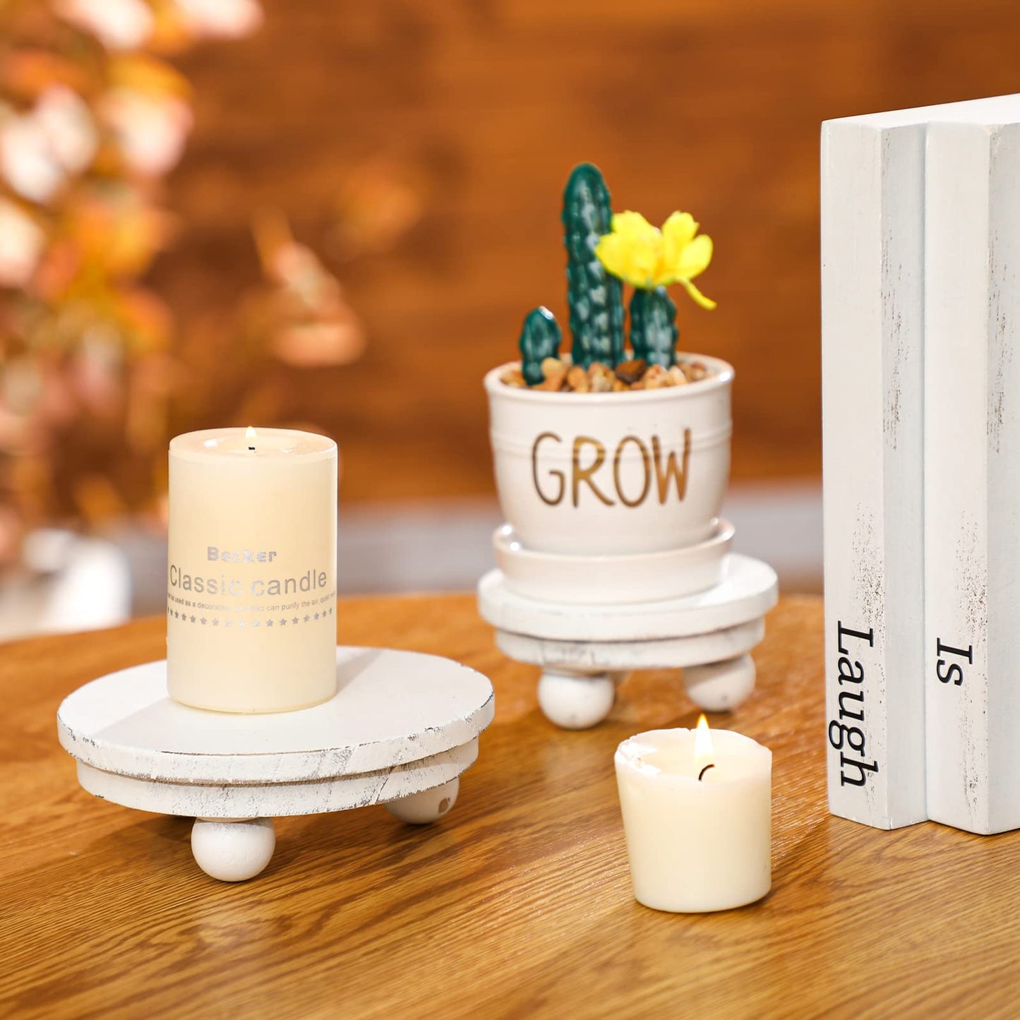 Amyhill 3 Pcs 5/4/3 Inch Mini Wooden Risers for Decor Small Round Pedestal Stand, Washed White Farmhouse Wood Riser with Ball Feet for Tiered Tray, Candles, Plants, Home Kitchen Decor
