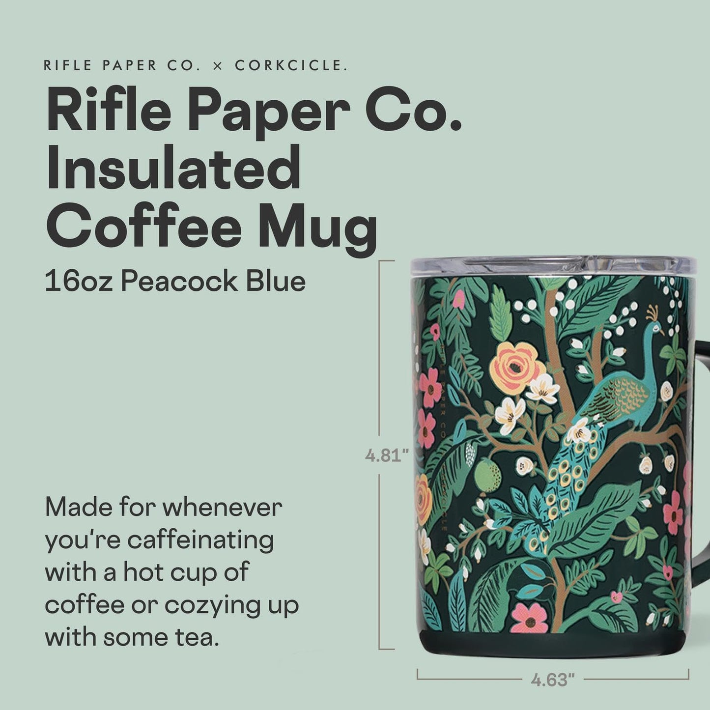 Corkcicle x Rifle Paper Co. Triple Insulated Coffee Mug with Lid & Handle - Keeps Beverages Hot for 3+ Hours - Gift for Mom - Great for Mother's Day or Christmas - 16 oz - Peacock Blue