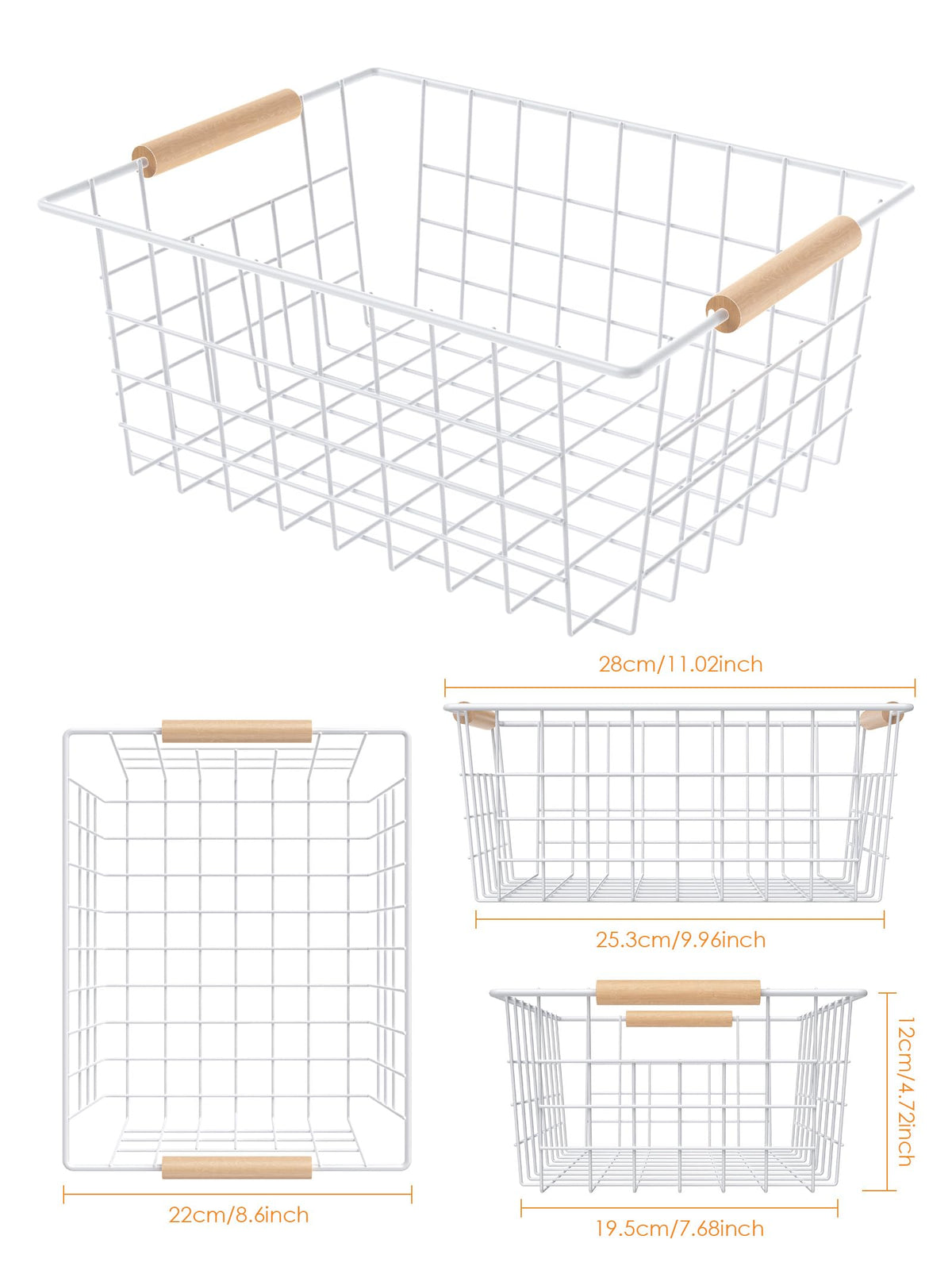 Wire Basket with Wooden Handle, Metal Utility Storage Basket for Organizing Kitchen Pantry Cabinets, Closet and Garage Shelves Drawers, Office Metal Basket Storage Organizer with Handle (White 2 Pack)