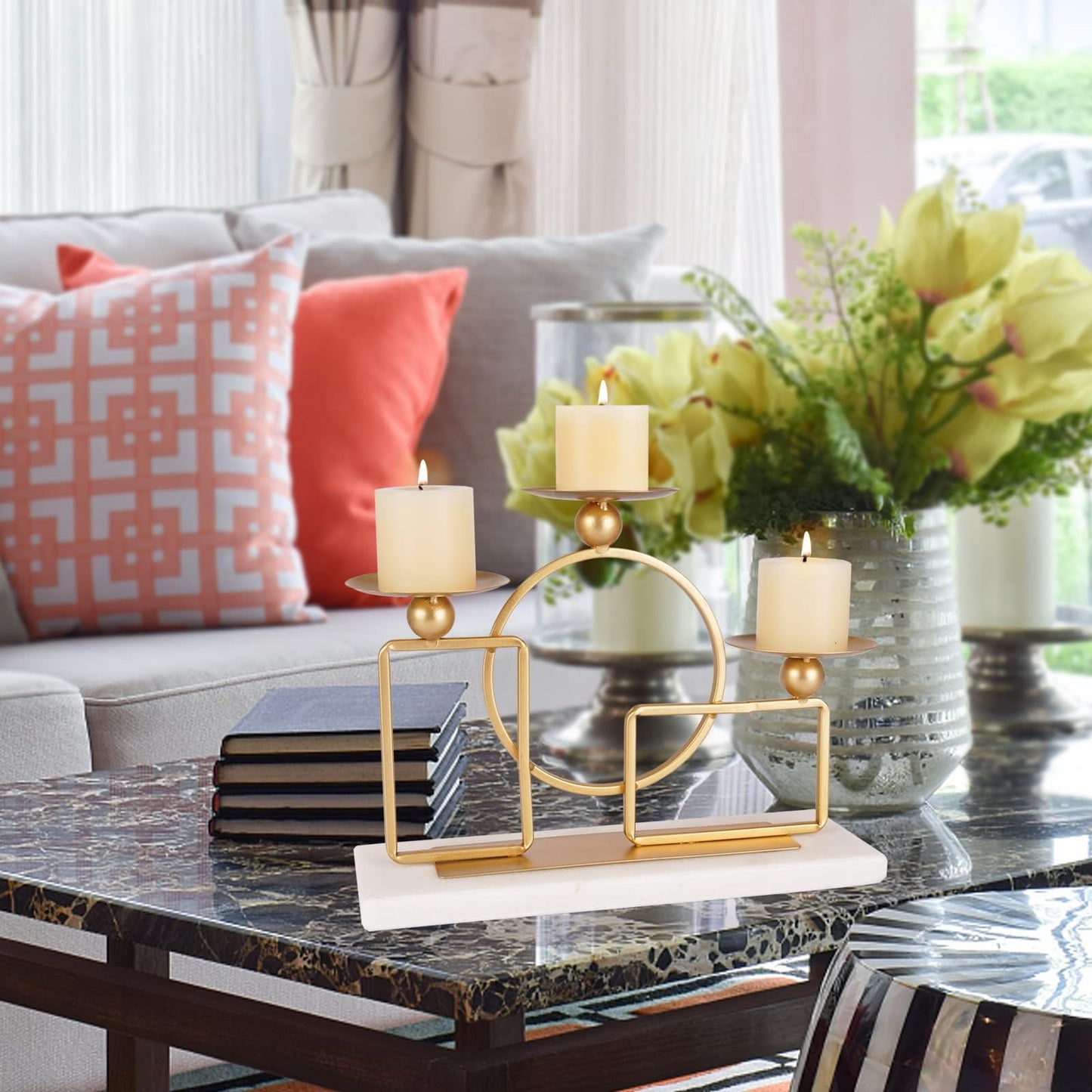 Gold Candle Holders for Pillar Candles with Marble Base 3 Arms Metal Candelabra Candle Holders Gold Home Decoration Elegant Candle Stand for Table Centerpieces,Fireplace,Anniversary