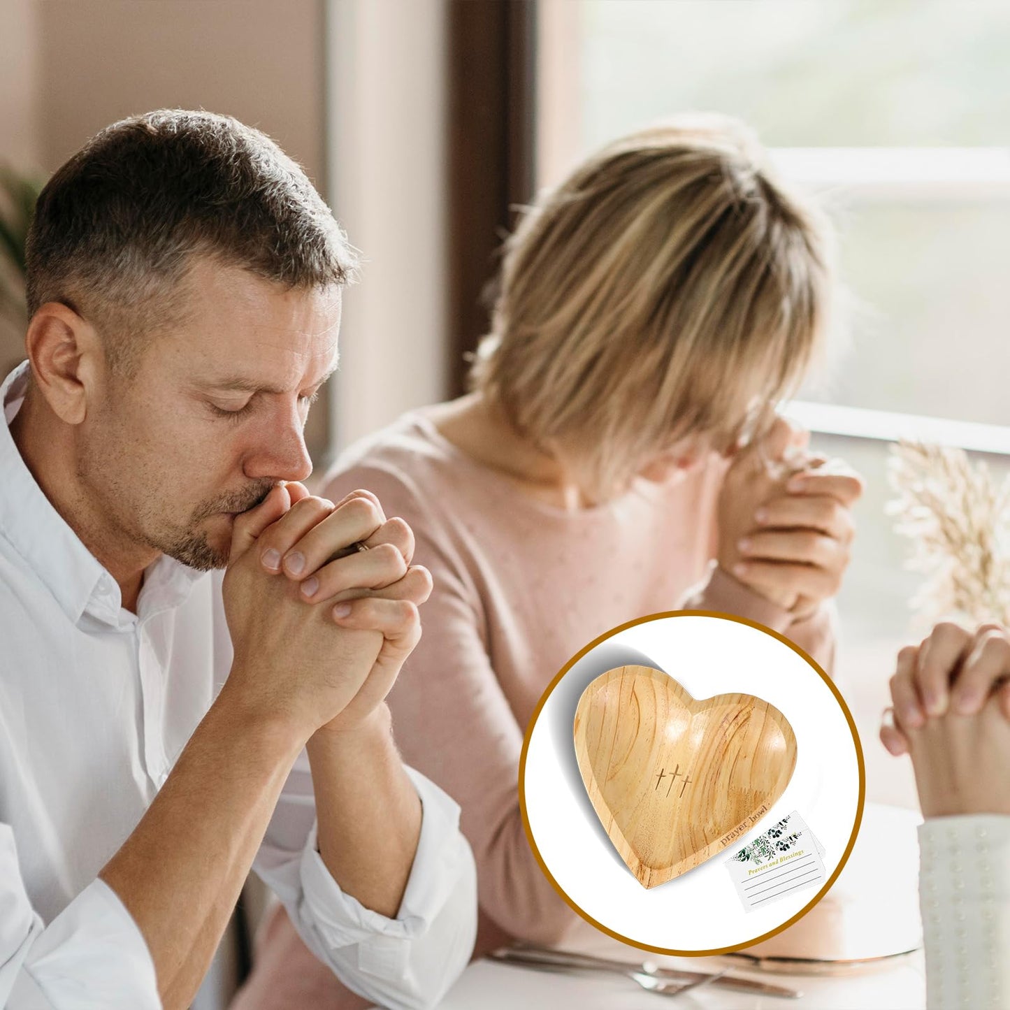 Dimeho Heart Prayer Bowl Wooden Handcrafted Prayer Dough Bowl with Cards Christian Gifts Love Shaped Decor Bowl for Women Religious Christmas Easter Thanksgiving Day