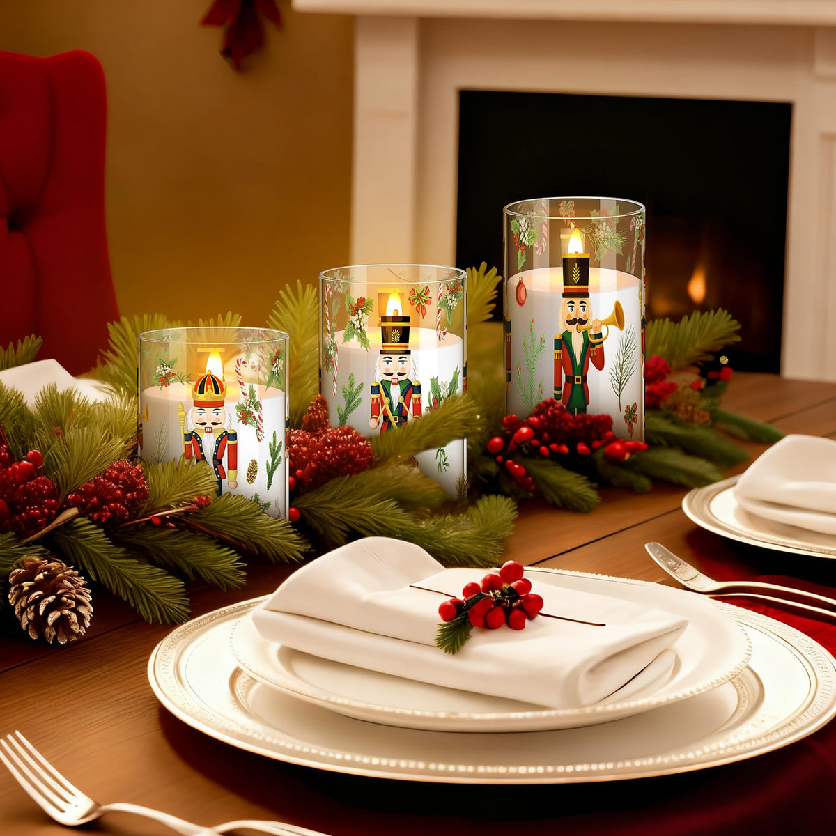 Glooglitter 3 Pcs Nutcracker Christmas Flameless Candle with Remote Timers Christmas Battery Operated Candles LED Flickering Candlestick for Xmas Party Home Decor