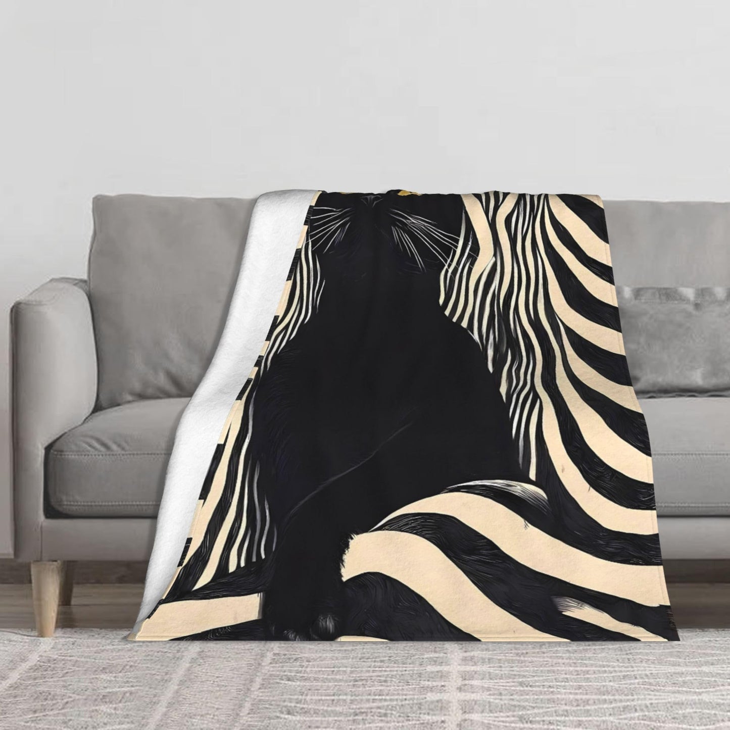 Black Cat Striped Flannel Throw Blanket Soft Cozy Retro Blanket for Living Room Couch Sofa Bed 50 x 60 Inches