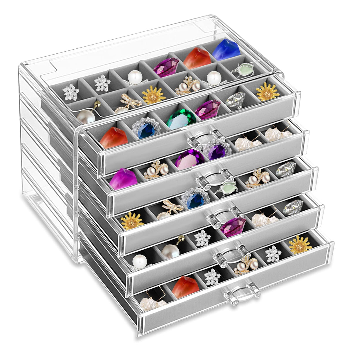 COMNICO Rock Display Case, 5 Layer 90 Grid Rock Collection Display Case Velvet Acrylic Clear Displays Cases Organizer for Collectibles Crystal Gemstone Fossil Stone