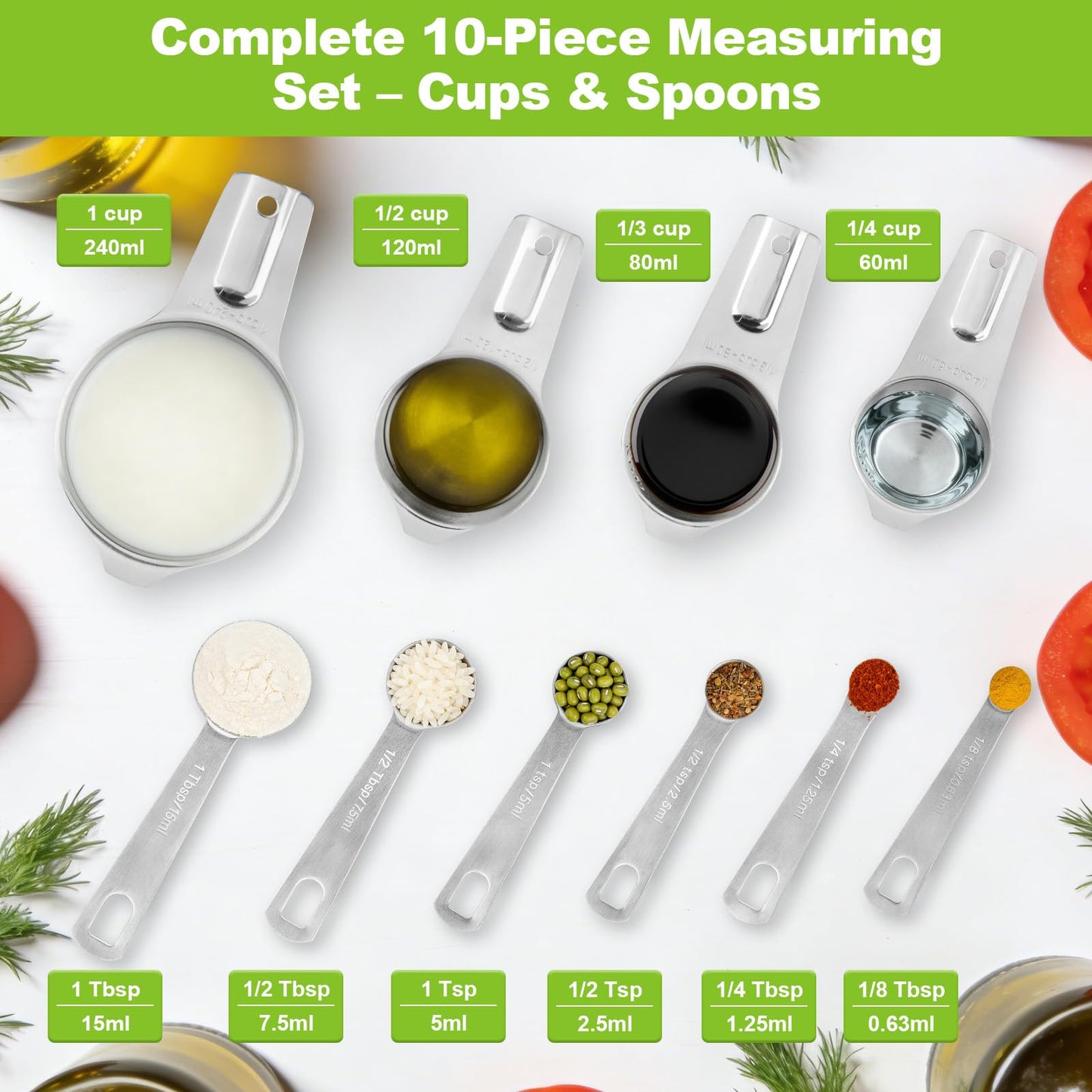 Stainless Steel Measuring Cups and Spoons Set of 10, Nesting Measuring Cup Set - 4 Cups 6 Spoons, Stackable Measure Cup Spoon Set for Dry & Liquid,Dishwasher Safe Kitchen Tools Cooking Baking Supplies