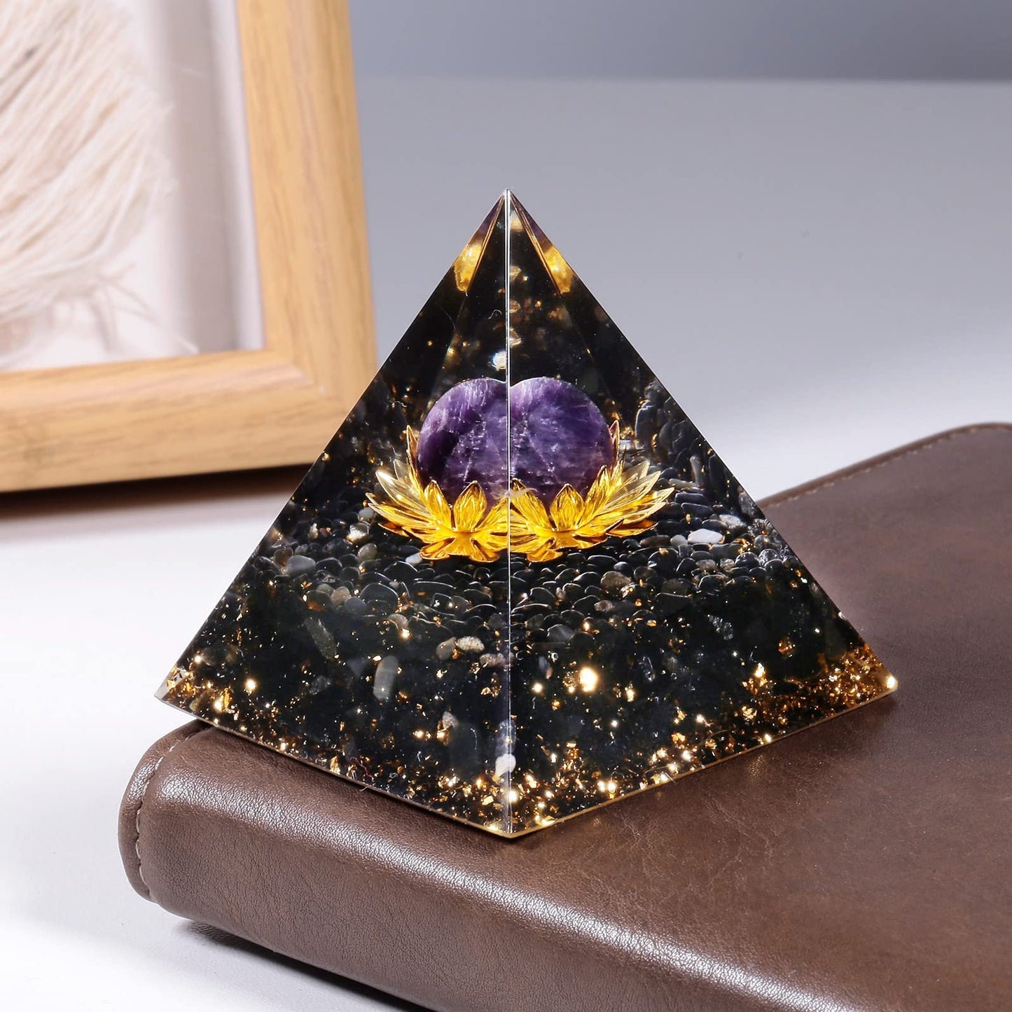 SUNYIK Crystal Sphere Orgone Pyramid with Black Obsidian Tumbled Stones and Golded Lotus Base Energy Generator for Meditation Office Home Decoration, Amethyst Crystal Stone