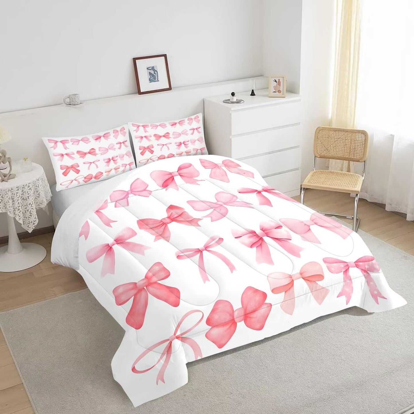 DJNEAR Pink and White Bow Comforter Set Twin Size Cute Girls Bedding Sets for Kids Women Adults Bedroom Kawaii Bowknot Quilt Room Decor 1 Comforter 1 Pillowcase