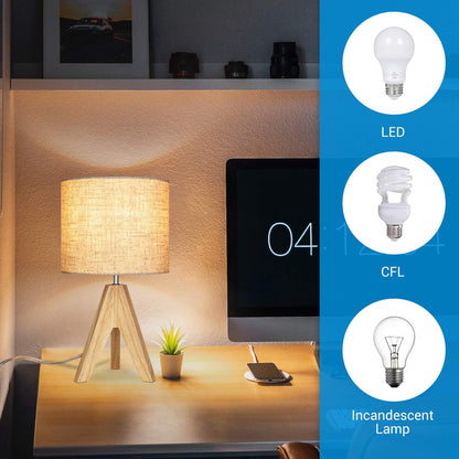 EDISHINE 36cm Wood Bedside Table Lamp, Tripod Desk Lamp with Beige Linen Lampshade, On-Off Switch, Desk Lamps for Reading, Bedroom, Living Room, Study, Office, E27 Base