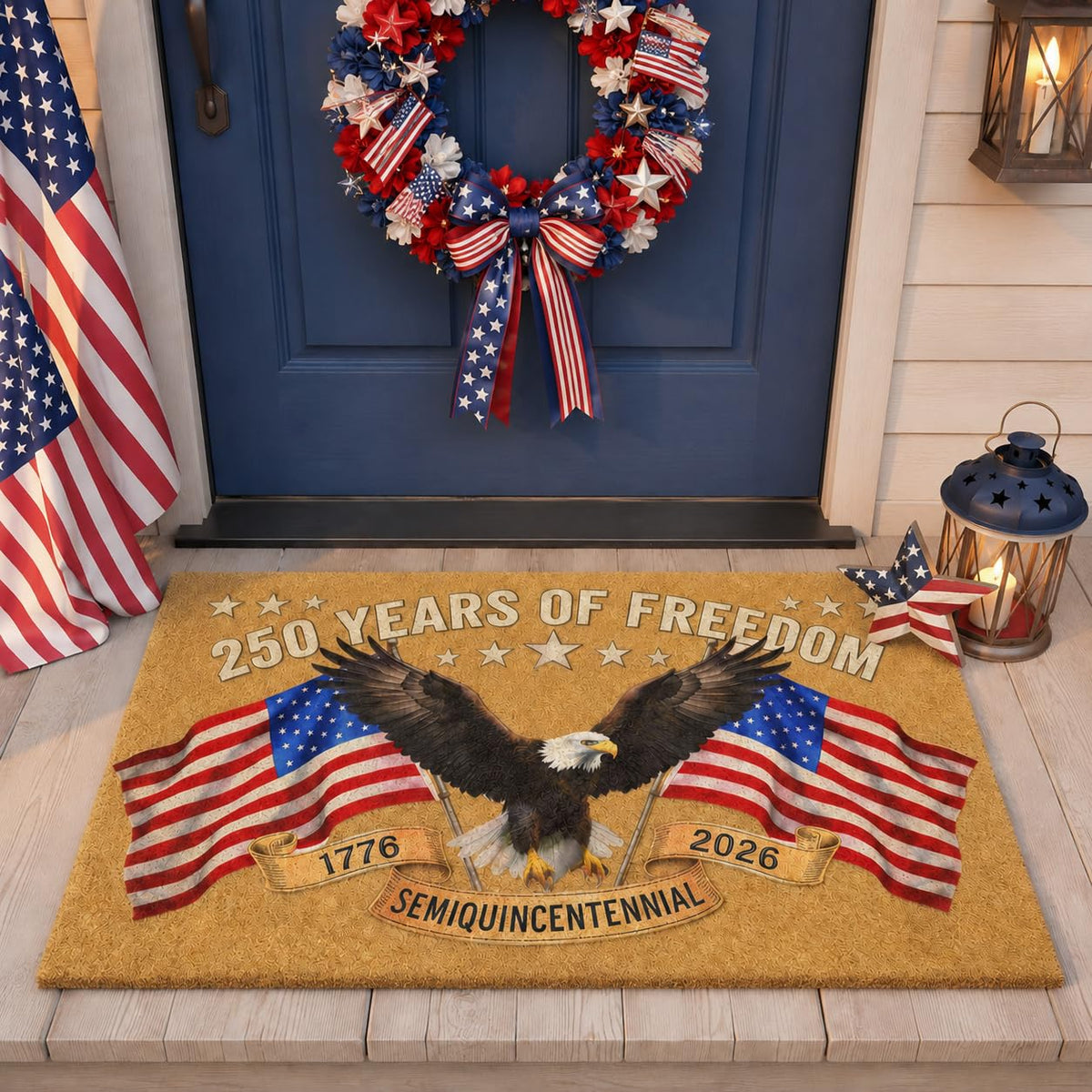 Patriotic Door Mat 250th Anniversary America USA Doormat,4th of July 17"x28" Patriotic Coir Mat with Bald Eagle & Stars Mat,Non-Slip Independence Day Freedom Memorial Day Porch Front Decor