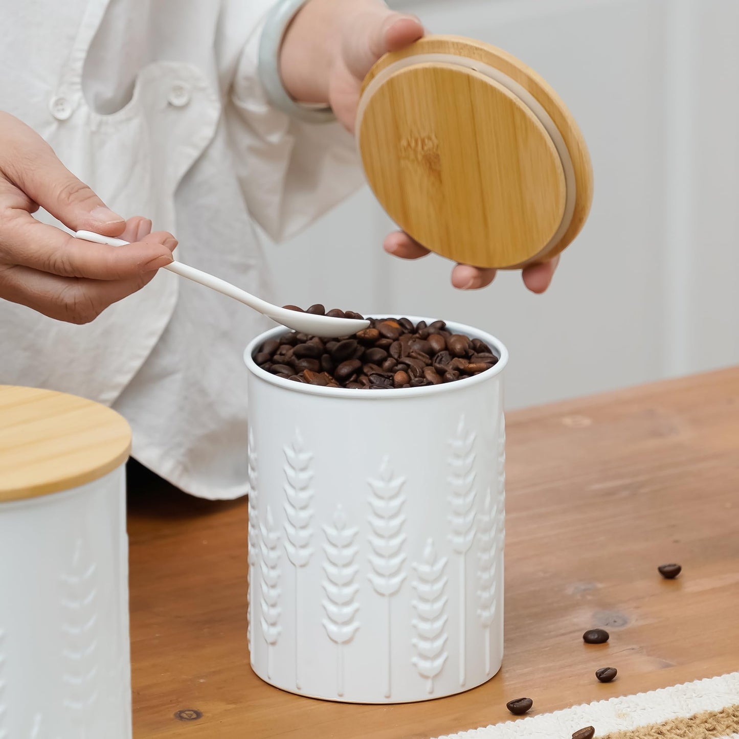 HOME PALETTE Kitchen Canister Set of 3 Tea Coffee Sugar Containers with Airtight Bamboo Lids Food Flour Storage for Countertop Metal White Ear of Wheat Pattern Embossed Farmhouse Decor