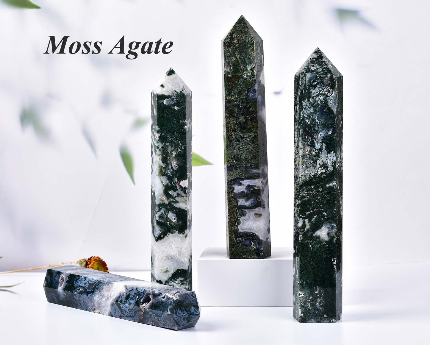 AMOYSTONE Extra Large Healing Crystal Obelisk Towers Moss Agate Point Wand Home Decor Reiki Healing 4.0-4.4LBS