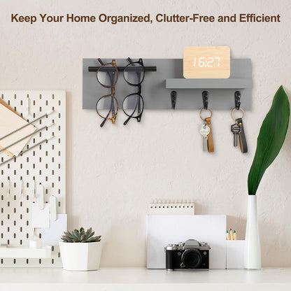 Lucundm Key Holder for Wall, Decorative Entryway Shelf with Hooks Holds Keys, Dog Leash, Sunglasses – Key Hanger with 3 Hooks Organizes, Enhances Home Decor (15” x 4.5” x 2.6”) (Grey)