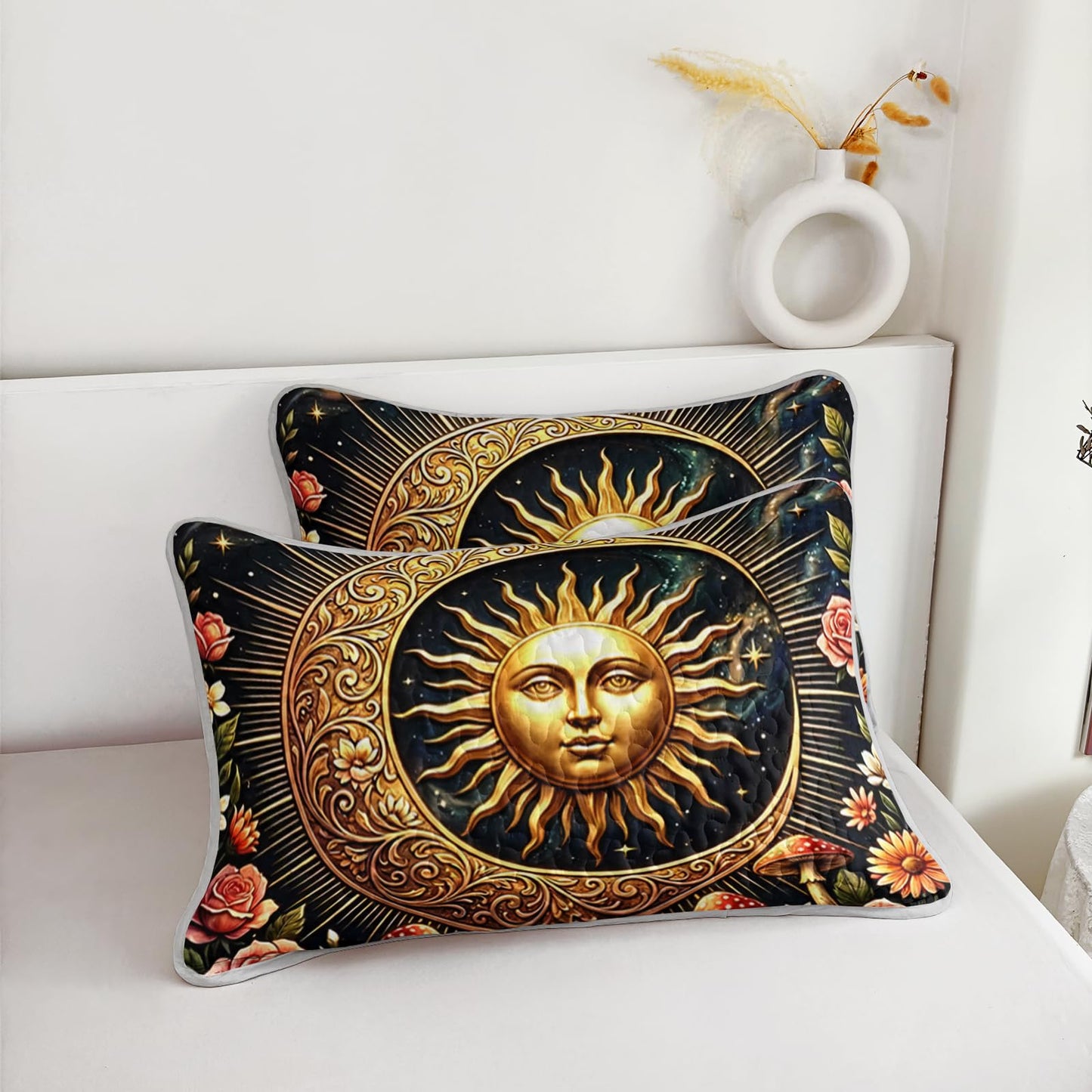 UEVBF Golden Sun and Moon Quilts Set Queen Size,3Pcs Fantasy Flowers and Mushrooms Bedspread for Kids Adults Girls Women Room Decor,Exotic Bohemian Style Bedding Sets with 2 Pillowcases.