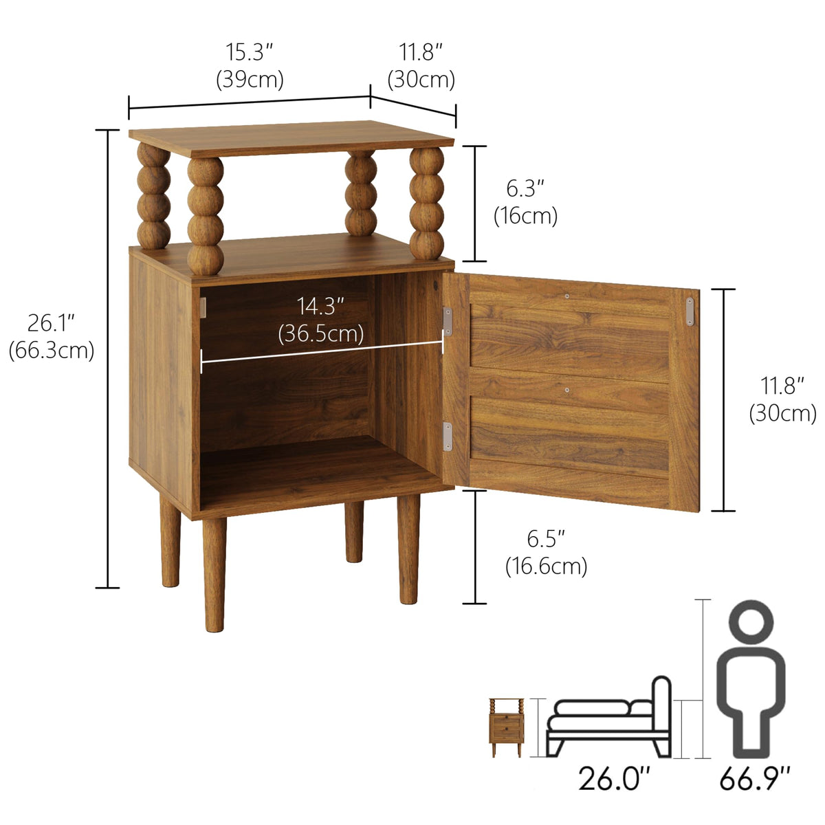 Veegle Nightstand,Modern Bedside Table with Storage Drawer and Open Wood Shelf, for Bedroom and Small Spaces,Night Stand with Solid Wood Legs (Walnut Brown)