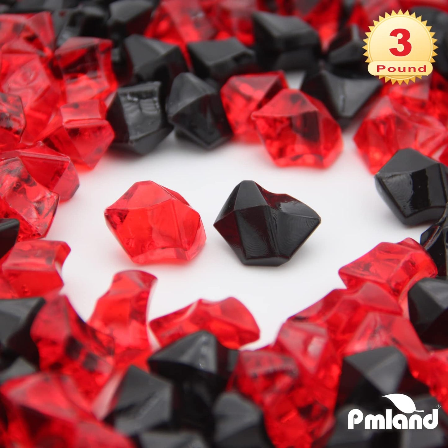PMLAND Clear Fake Ice Rocks – 550 Pcs Large Acrylic Gems Crushed Plastic Diamonds, Black & Red (3Lbs/2.25 Quarts) – Bulk Vase Filler for Centerpieces Theme Décor Aquarium Table Scatter